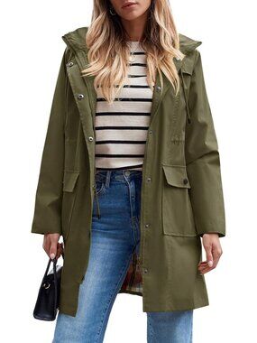 Women's Army Green Long Raincoat Hooded Windbreaker Waterproof Trench Coat